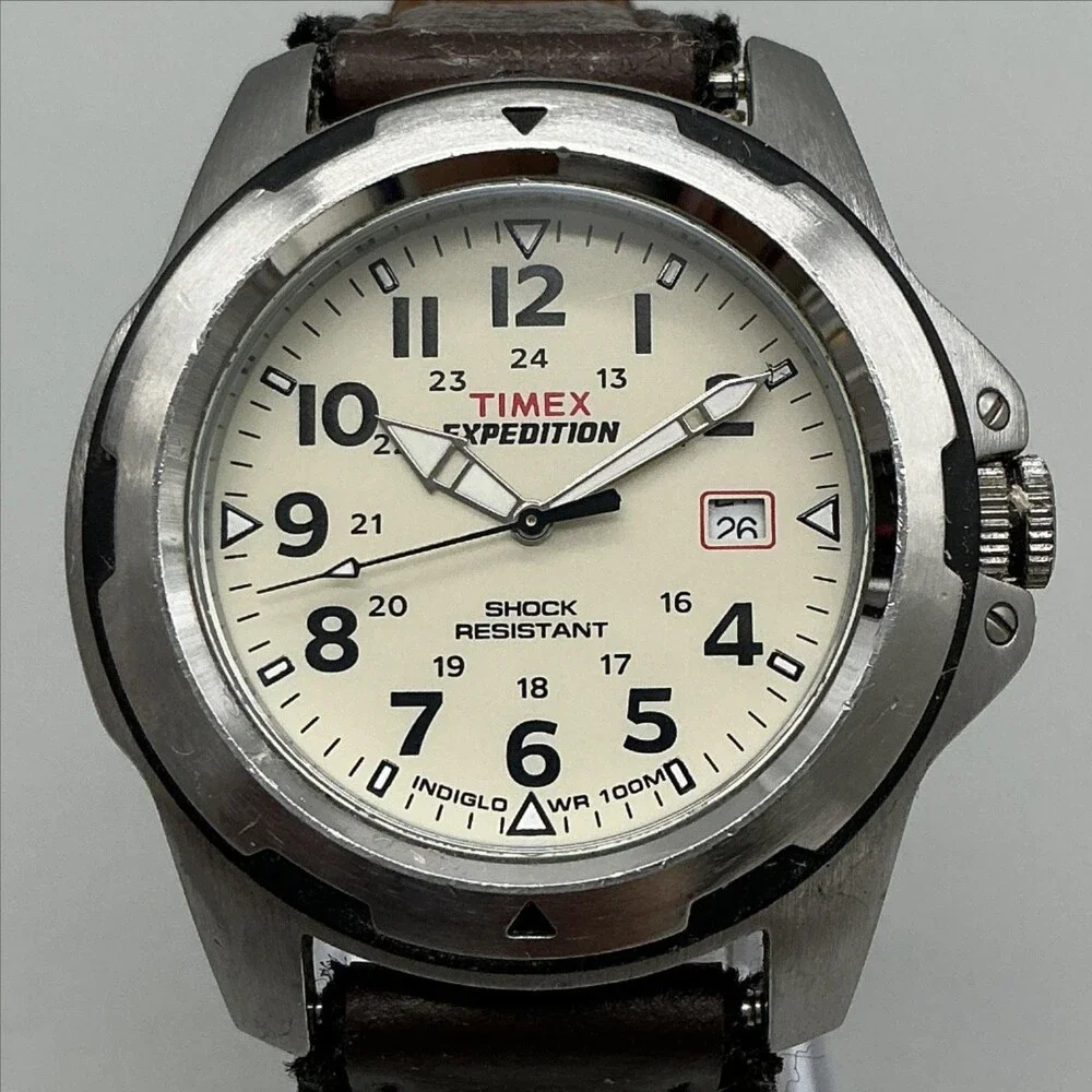 Timex Expedition Indiglo Mens Watch 42mm Cream Dial Brown Leather Date New Batt